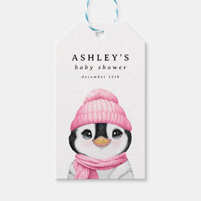 Pink Pinguin Winter Baby Dusche Geschenkanhänger (Vorderseite)
