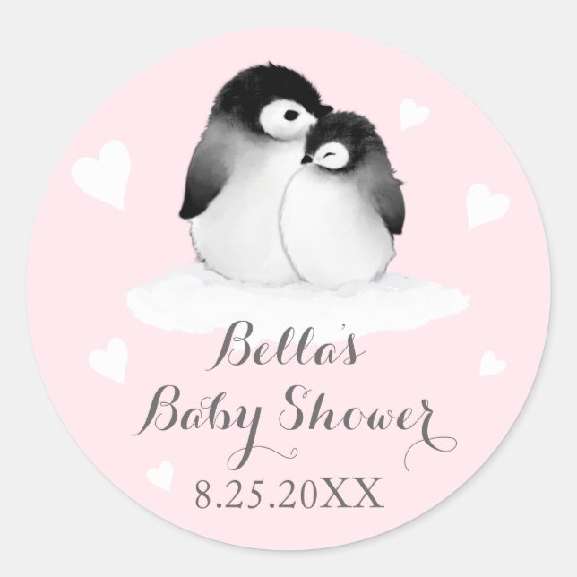 Pink Pinguins Baby Shower Stickers (Vorderseite)