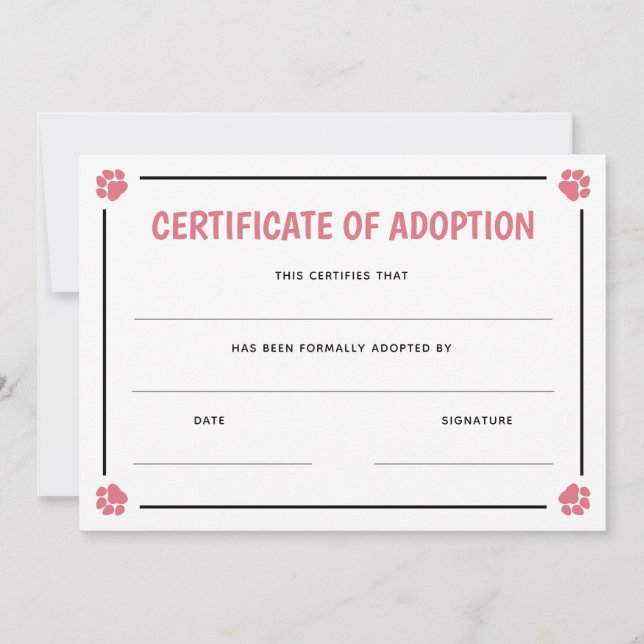 Pink Pink Print Frame Pet Bescheinigung der Adopti (Vorderseite)