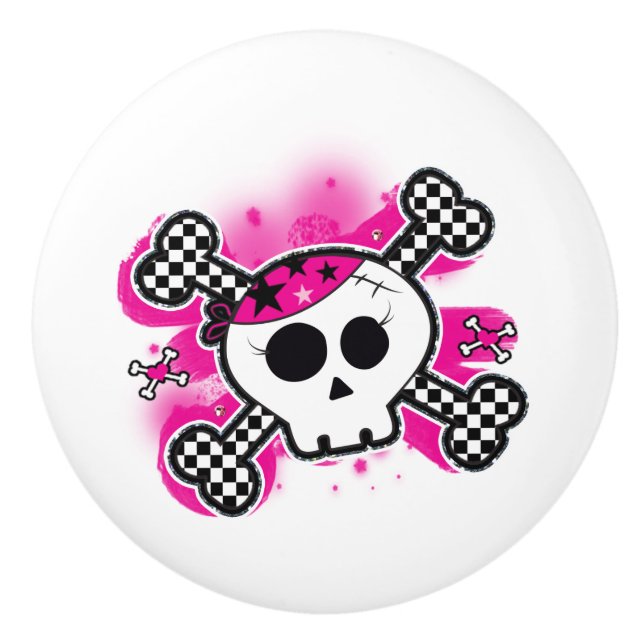 Pink Pirate Skull Crossbones Punk Dresser Keramikknauf (Vorderseite)