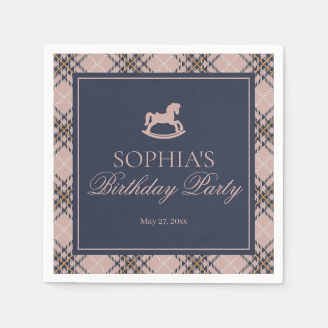 Pink Plaid Classic Rocking Horse Birthday Party Serviette (Vorderseite)