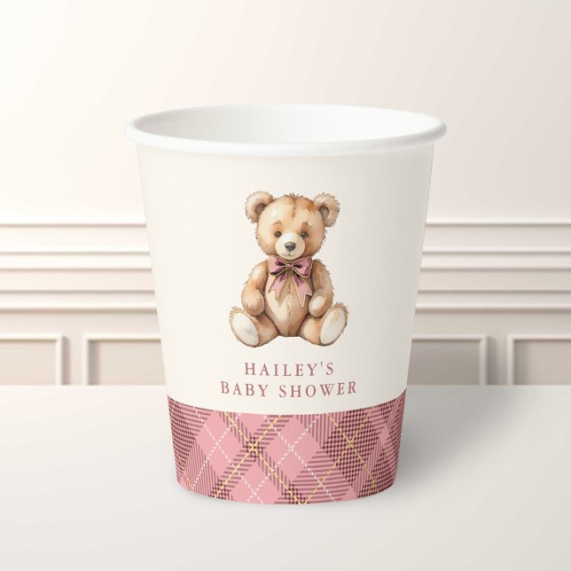 Pink Plaid Classic Teddy Bear Baby Shower Pappbecher (Von Creator hochgeladen)