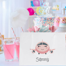 Pink Plaid Cute Airplane Girl Name Personalized Große Geschenktüte