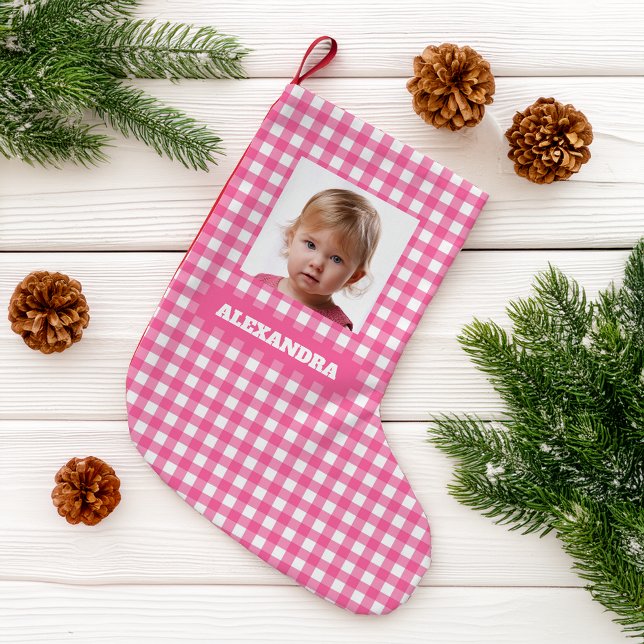 Pink Plaid Girl Photo & Name Rustic Gingham Checks Kleiner Weihnachtsstrumpf (Von Creator hochgeladen)