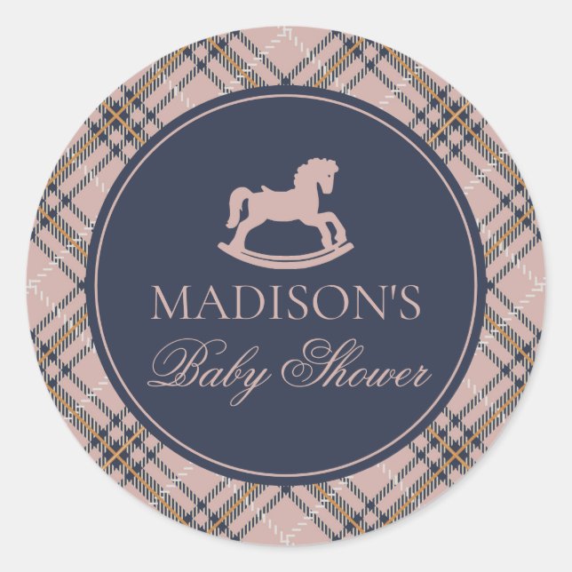 Pink Plaid Rocking Horse Baby Shower Envelope Seal Runder Aufkleber (Vorderseite)