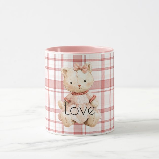 Pink Plaid Stripes Cat Tasse (Zentrum)