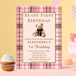 Pink Plaid Vintage Beary First Girl 1st Birthday Einladung