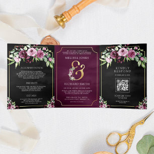 Pink Plum Floral Ampere und Black QR Code Hochzeit Dreifach Gefaltete Einladung