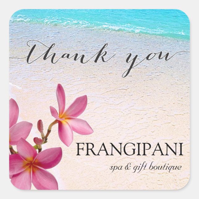 Pink Plumeria Beach Hochzeit oder Business Custom Quadratischer Aufkleber (Vorderseite)