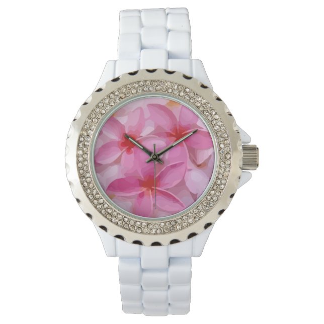 Pink Plumeria Blume Pattern Armbanduhr (Vorderseite)