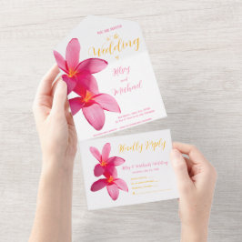 Pink Plumeria Blume, tropische Hochzeiten, Blumenz All In One Einladung