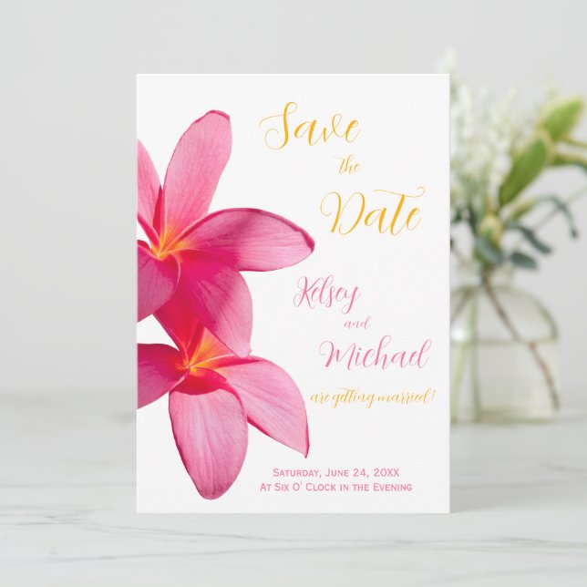 Pink Plumeria Blume, tropische Hochzeiten, Blumenz Einladung (Stehend Vorderseite)
