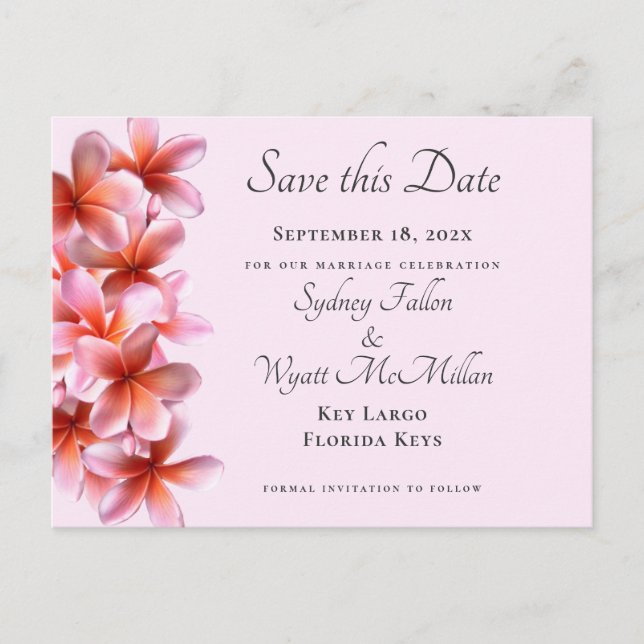 Pink Plumeria Save the Date Custom Postcard Ankündigungspostkarte (Vorderseite)