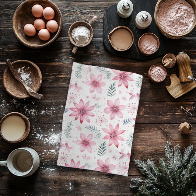 Pink Poinsettas Weihnachtsbäume Küchentücher (Von Creator hochgeladen)