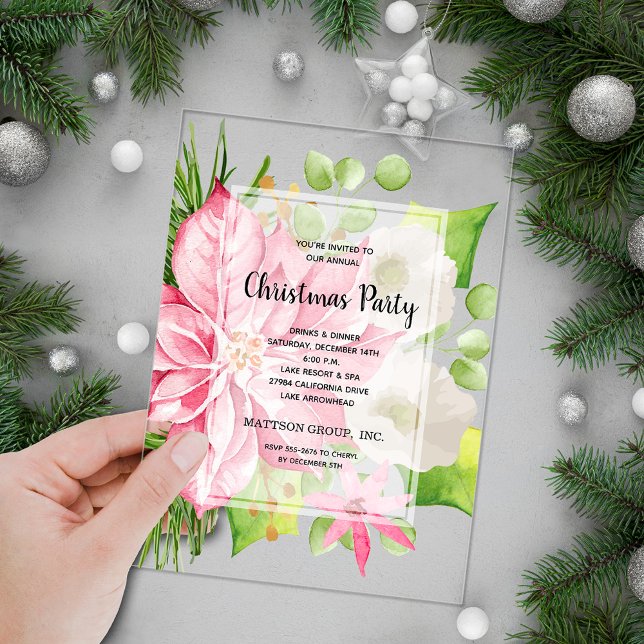 Pink Poinsettia Blumenweihnachtsfest Acryleinladungen (Pink poinsettia floral Christmas holiday ACRYLIC party invitations)