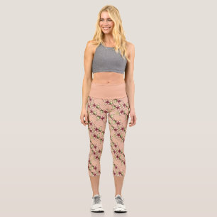 Pink Poinsettia Diagonal Strip Weihnachten Capri Leggings