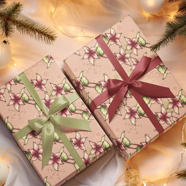 Pink Poinsettia Diagonal Strip Weihnachten Geschenkpapier Set (Pink Poinsettia Diagonal Stripe Christmas Wrapping Paper)