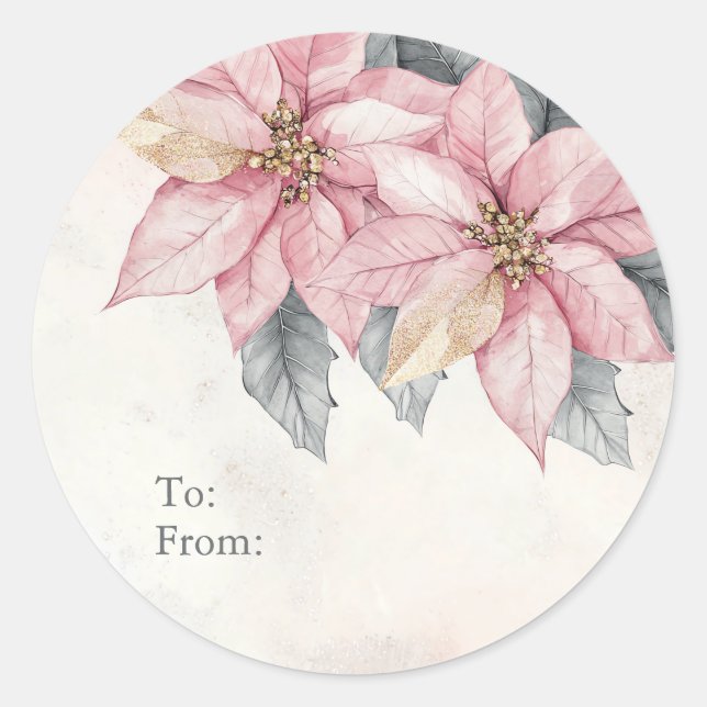 Pink Poinsettia Flowers Personalized To and From Runder Aufkleber (Vorderseite)