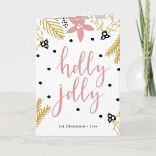 Pink Poinsettia Holly Jolly Foto Holiday Card Feiertagskarte