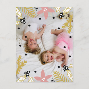 Pink Poinsettia Holly Jolly   Foto Holiday Card Feiertagspostkarte