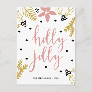 Pink Poinsettia Holly Jolly Foto-Weihnachtskarte Feiertagspostkarte