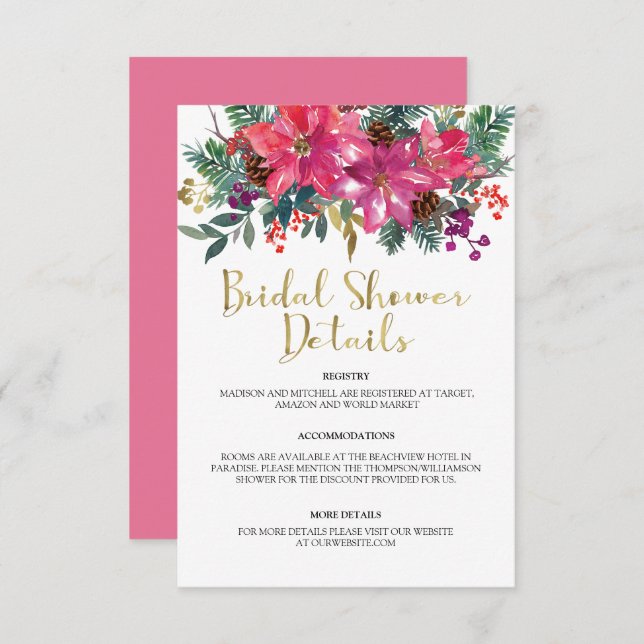 Pink Poinsettia Weihnachts-Brautparty Begleitkarte (Vorne/Hinten)