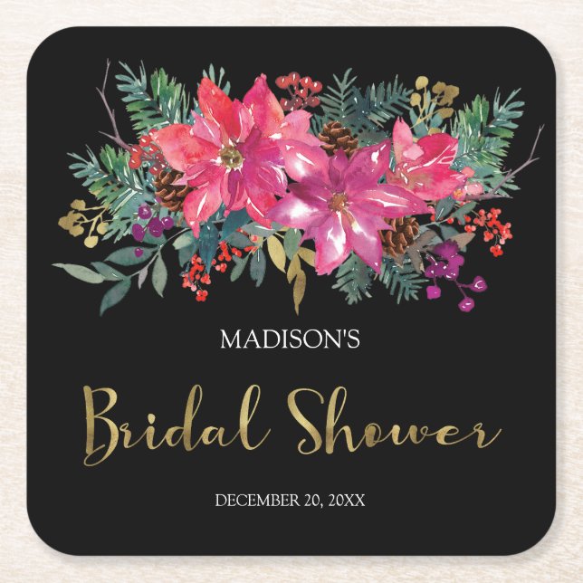 Pink Poinsettia Weihnachts-Brautparty Rechteckiger Pappuntersetzer (Vorderseite)