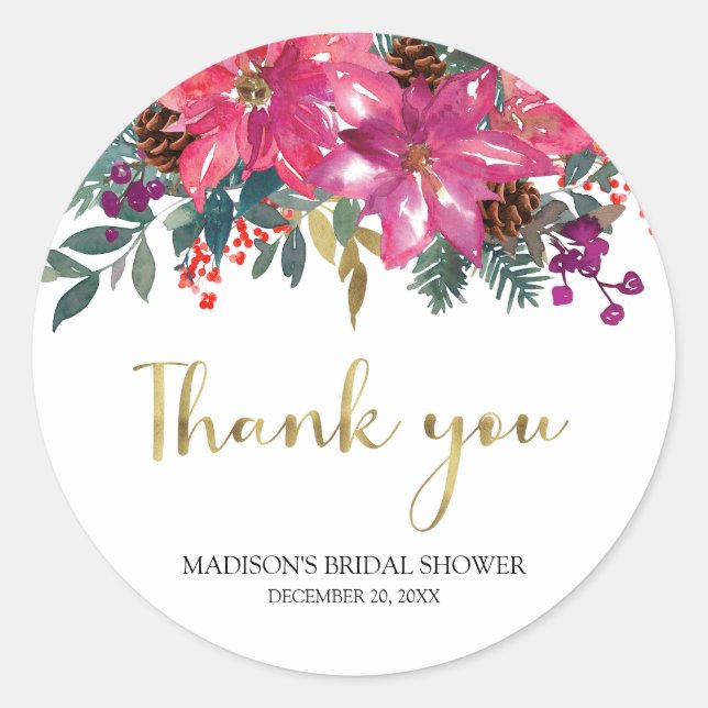 Pink Poinsettia Weihnachts-Brautparty Runder Aufkleber (Vorderseite)