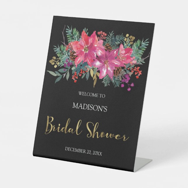 Pink Poinsettia Weihnachts-Brautparty Sockelschild (Vorderseite)