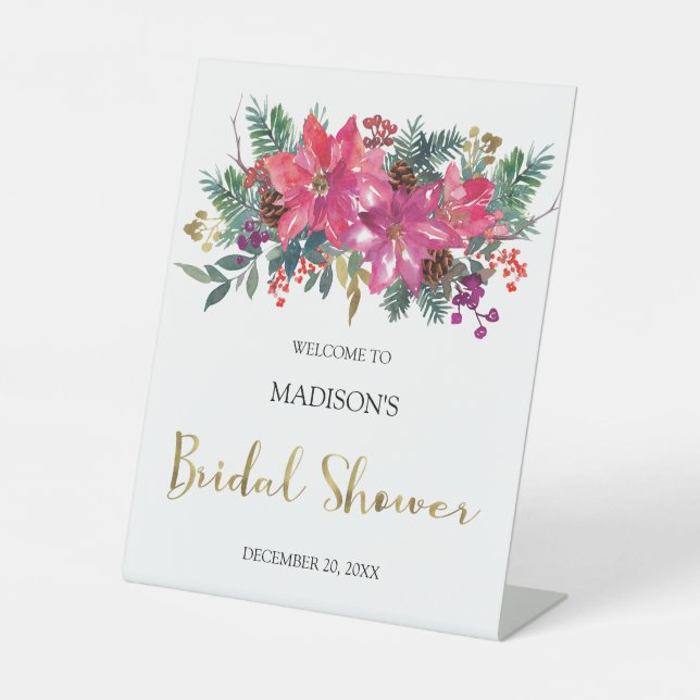 Pink Poinsettia Weihnachts-Brautparty Sockelschild (Vorderseite)