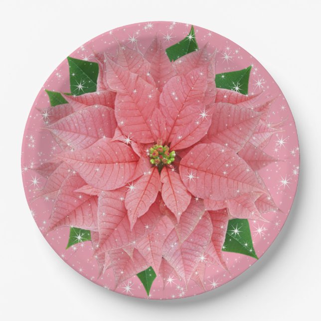 Pink Poinsettia Weihnachtsfest Party Pappteller (Vorderseite)