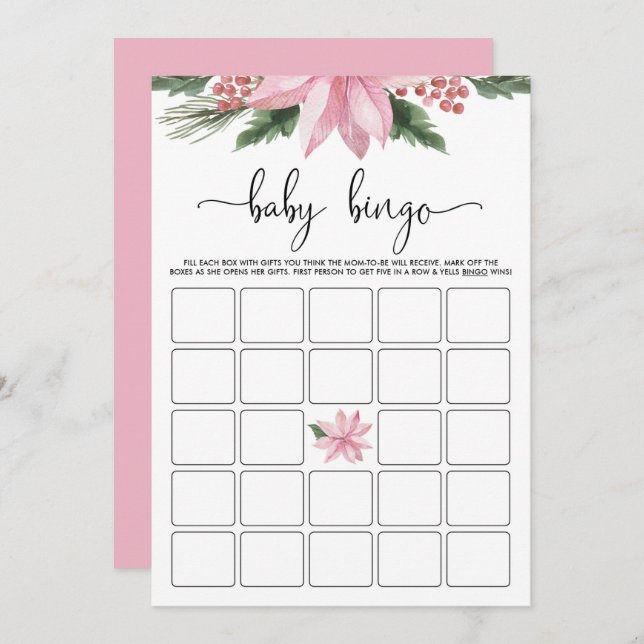 Pink Poinsettia Winter Baby Dusche Bingo Spiel Einladung (Vorne/Hinten)