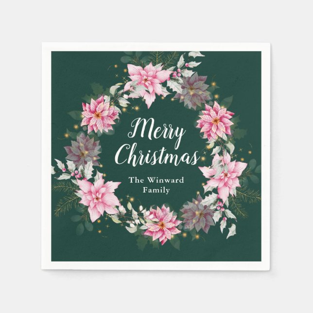 Pink Poinsettia Wreath Frohe Weihnachten Serviette (Vorderseite)