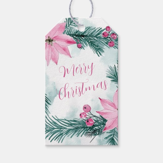 Pink Poinsettias Blumenweihnachtsfest Geschenkanhänger (Vorderseite)