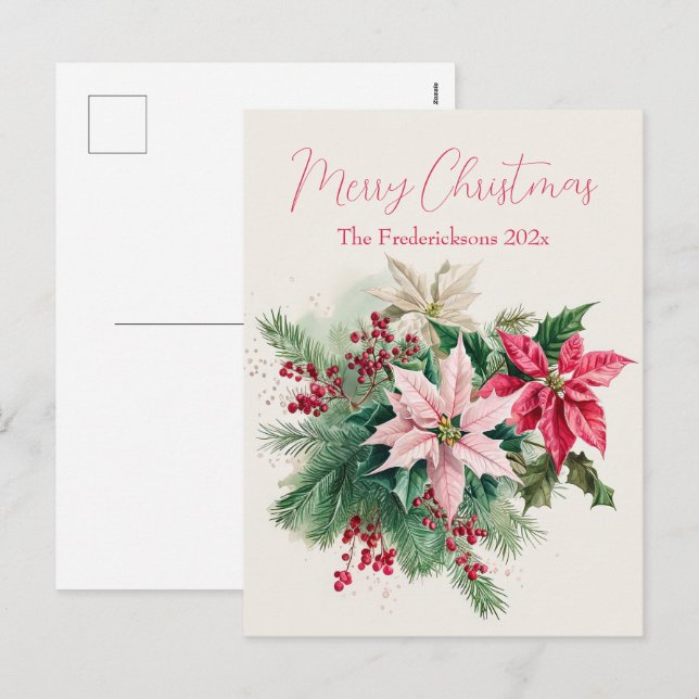 Pink Poinsettias Elegant Christmas Postcard Feiertagspostkarte (Vorne/Hinten)