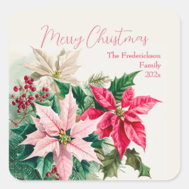 Pink Poinsettias Elegant Christmas  Quadratischer Aufkleber