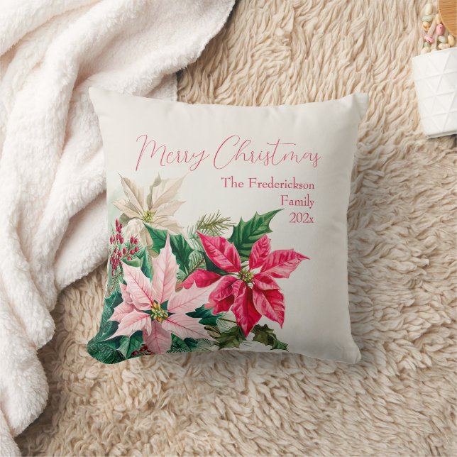 Pink Poinsettias Elegant Christmas Throw Pillow Kissen (Decke)