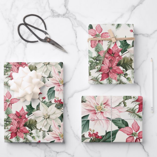 Pink Poinsettias Elegante Weihnachten Geschenkpapier Set (Vorderseite)