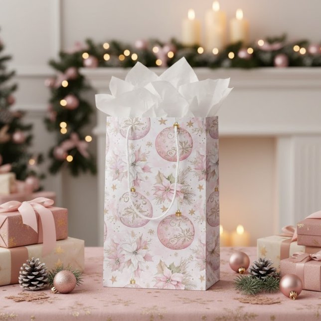 Pink Poinsettias Ornaments Gold Stars Holiday Mittlere Geschenktüte (Von Creator hochgeladen)