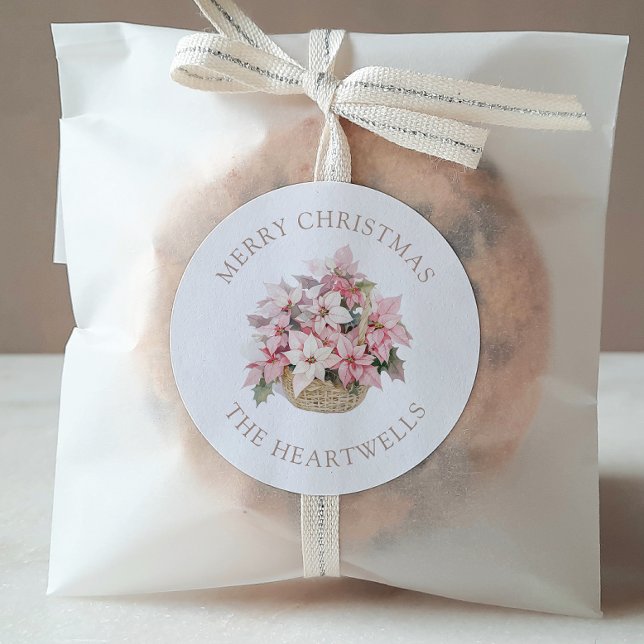 Pink Poinsettias Personalisiert Frohe Weihnachten Runder Aufkleber (Von Creator hochgeladen)