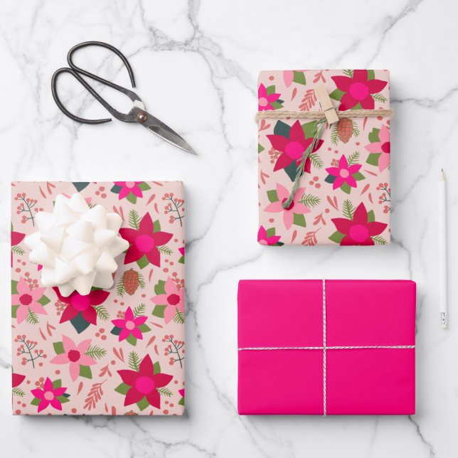 Pink Poinsettias Wrapping Paper Geschenkpapier Set (Vorderseite)