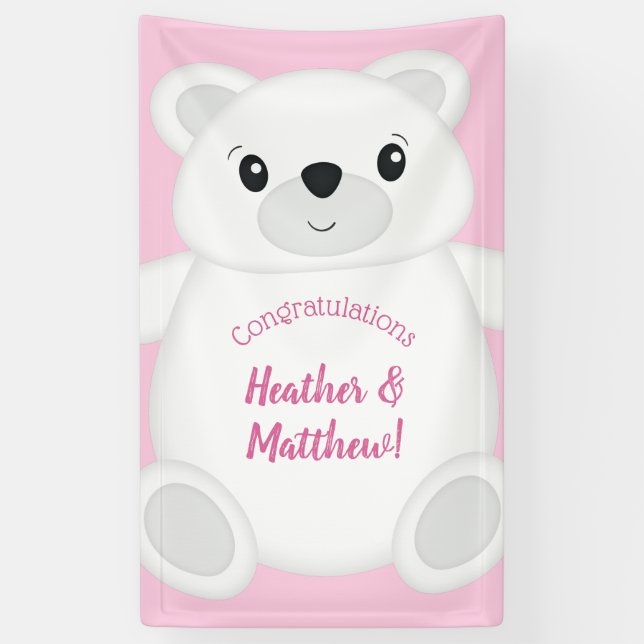 Pink Polar Bear Baby Dusche Banner (Vertikal)