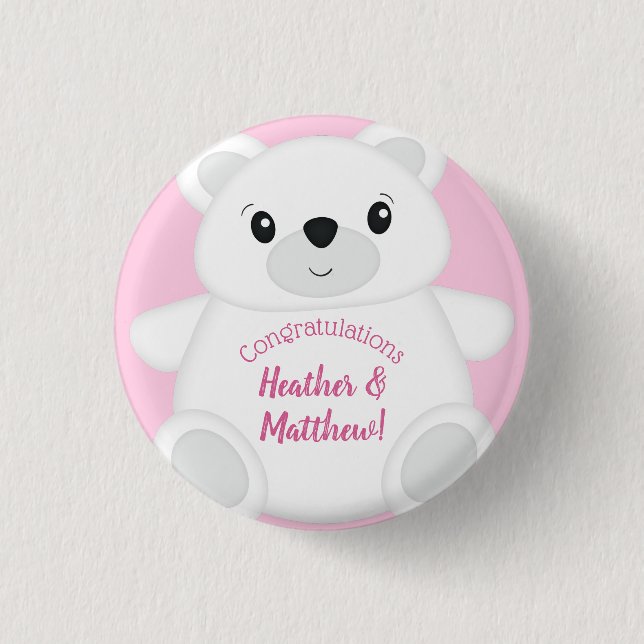 Pink Polar Bear Baby Dusche Button (Vorderseite)