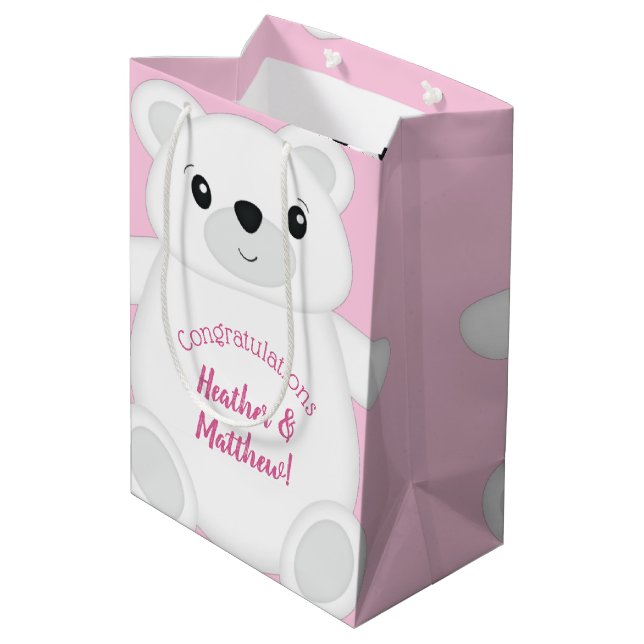 Pink Polar Bear Baby Dusche Mittlere Geschenktüte (Rückseite Schrägansicht)