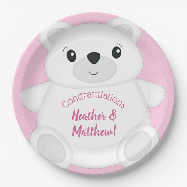 Pink Polar Bear Baby Dusche Pappteller (Vorderseite)