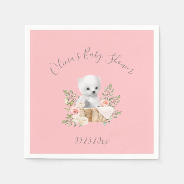 Pink Polar Bear Baby Girl Dusche Napkins Serviette (Vorderseite)