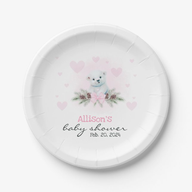 Pink Polar Bear Cub Girl Hearts Winter Baby Dusche Pappteller (Vorderseite)