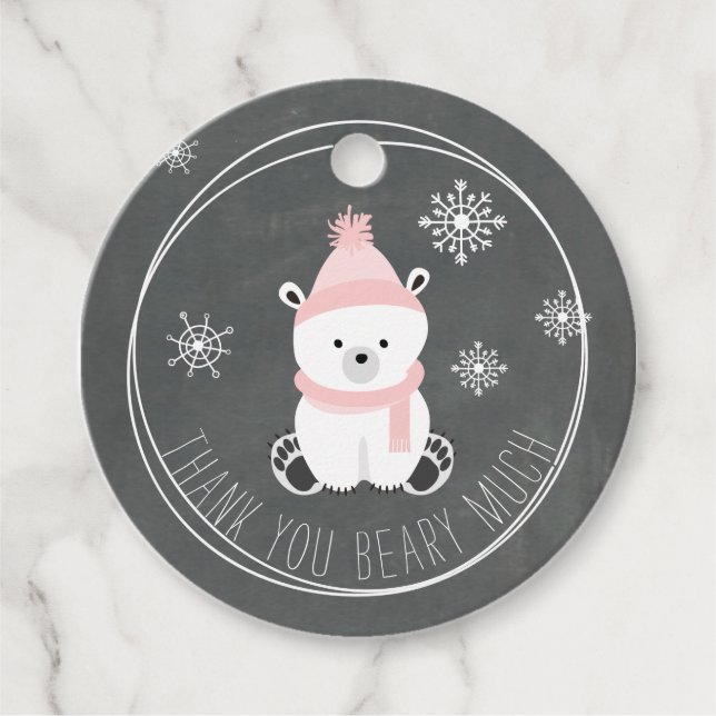 Pink Polar Bear Snowflakes Chalkboard Baby Dusche Geschenkanhänger (Vorderseite)