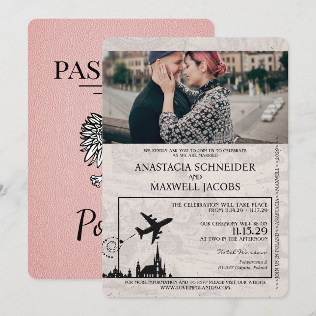 Pink Polen Pass Einladung zur Hochzeit (Vorne/Hinten)