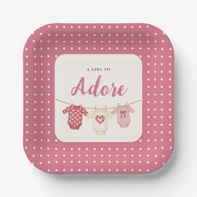 Pink Polka Dot "A Girl to Adore" Baby Shower Pappteller (Vorderseite)